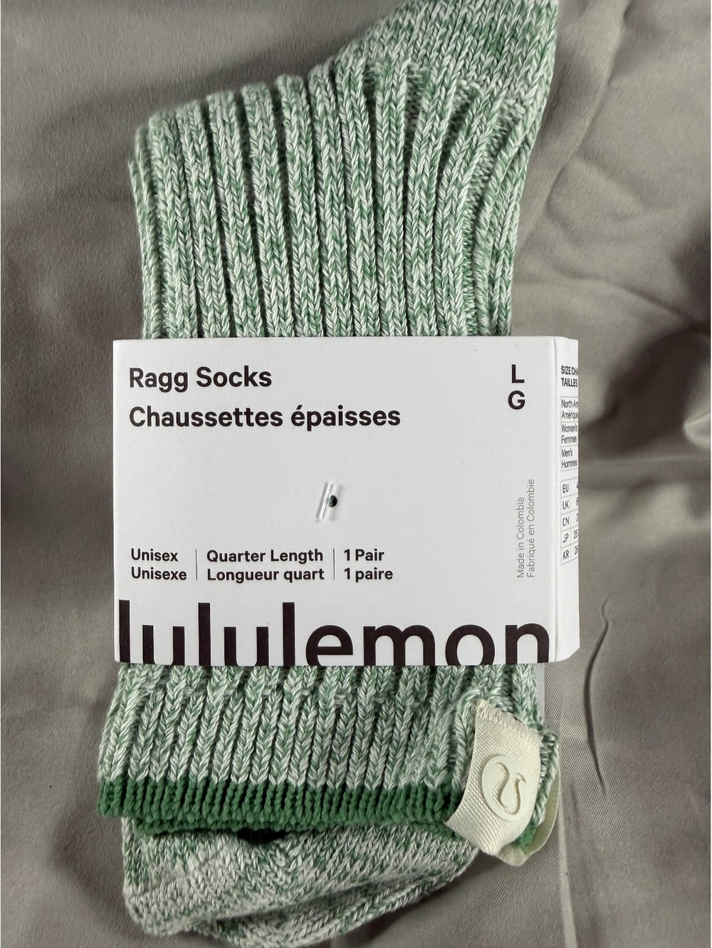 lululemon Ragg Socks in Ideal Mint/Heathered Green Quarter Length Unisex Large